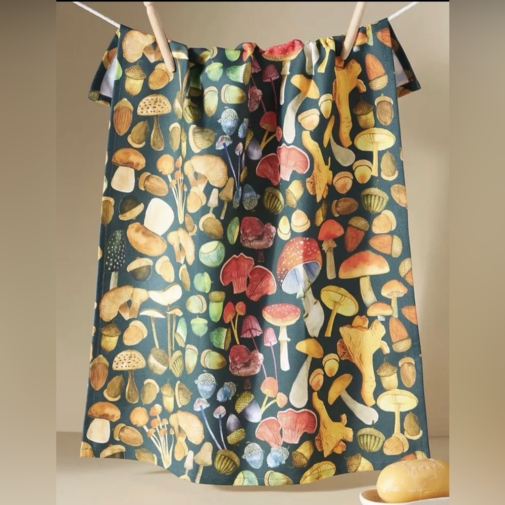 NWT Anthropologie Woodland Dish Towel Mushroom Print